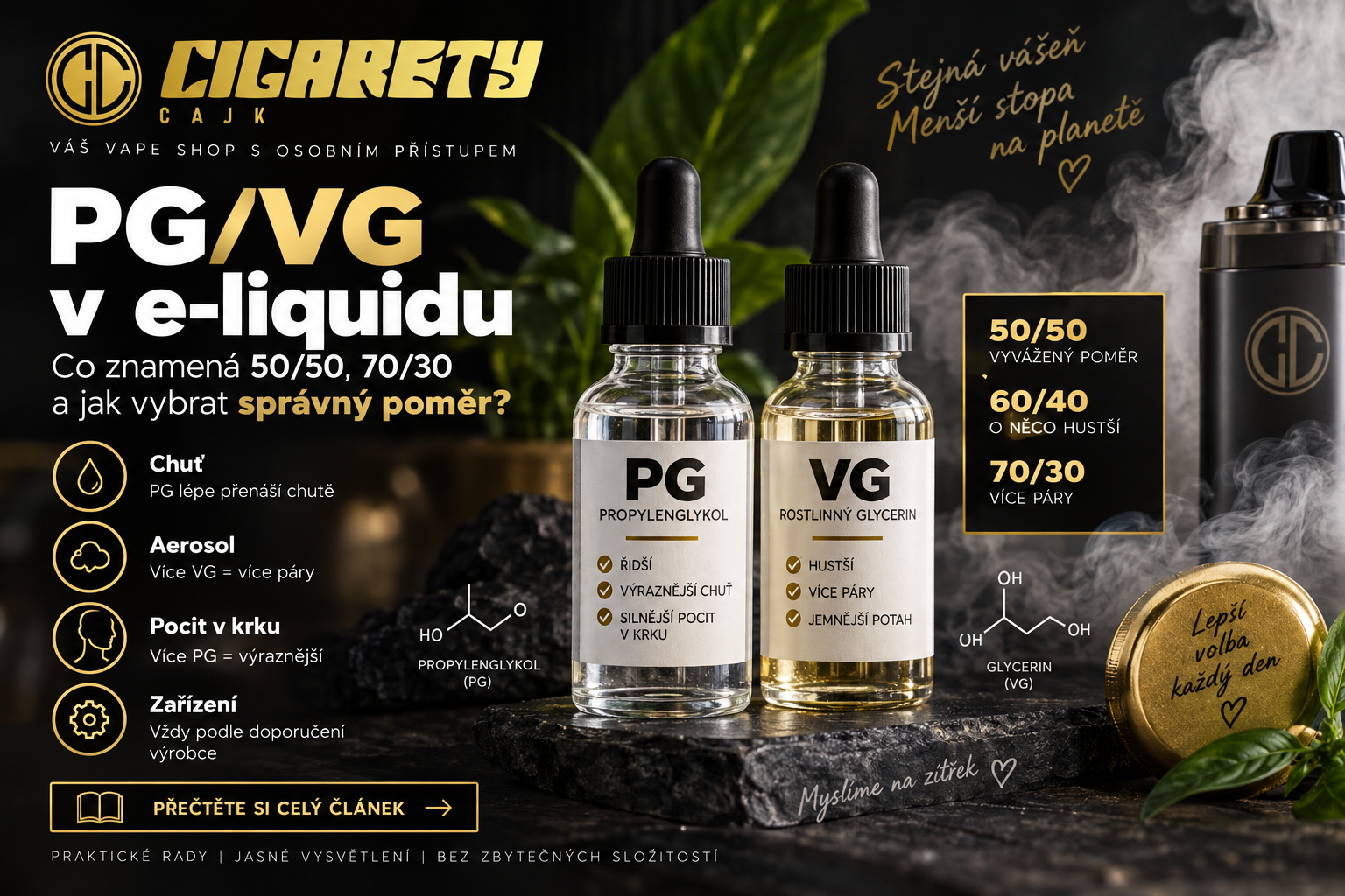 PG/VG v e-liquidu: Co znamená 50/50, 70/30 a jak vybrat správný poměr